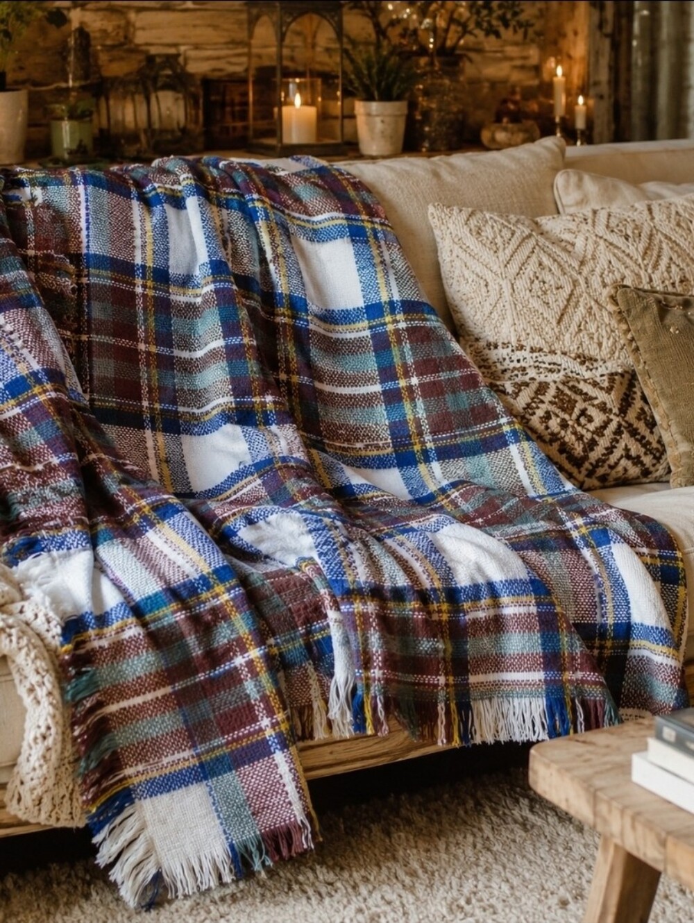 4/$15 Woven Plaid Throw Blanket 50x54 Fringe Boho Cabin Cozy Decor